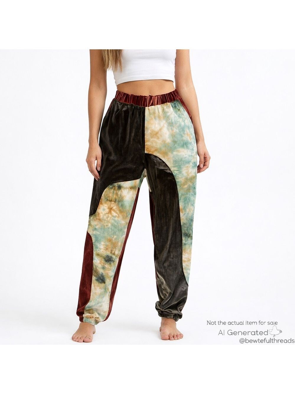 Blue Blush Medium Velour Patchwork Jogger Pants High Rise Stretchy